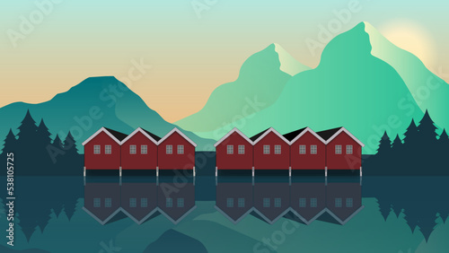 Norway landscape with green mountains, forest, lake and red fishing houses. Mountains landscape. Nature background. Vector Travel Placard of northern scandinavian.