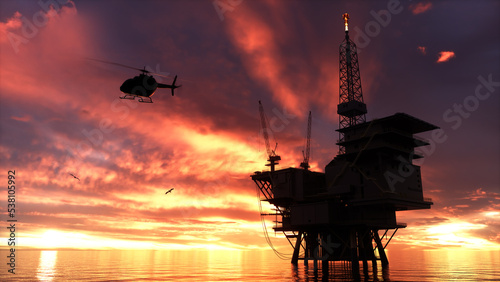 Oil platform oil rig or offshore platform with helicopter taking off. Flames from tower. Sunset silhouette. 3D render.