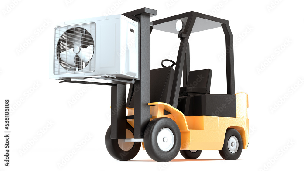 Forklift lifting air conditioner outdoor unit. Creative illustration of high demand on air conditioners. Isolated on white color. Original 3D render.