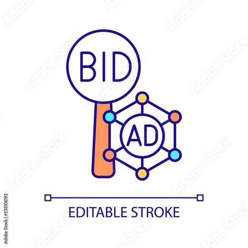 Ad bidding RGB color icon. Programmatic advertising. Offer price. Marketing strategy. Trading. Isolated vector illustration. Simple filled line drawing. Editable stroke. Arial font used