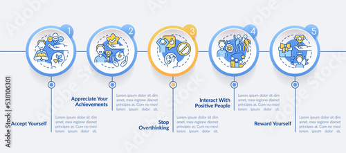 Dealing with confidence lack circle infographic template. Self esteem. Data visualization with 5 steps. Editable timeline info chart. Workflow layout with line icons. Lato-Bold, Regular fonts used