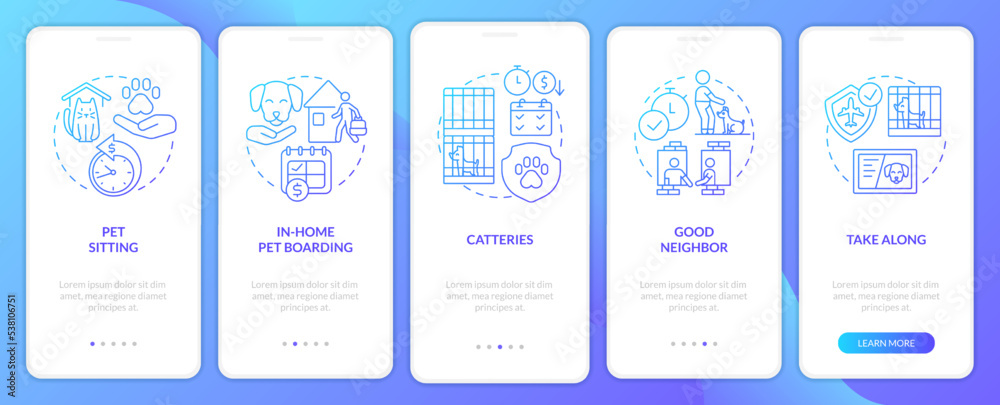 Pet boarding onboarding blue gradient mobile app screen. Animal travel care walkthrough 5 steps graphic instructions with linear concepts. UI, UX, GUI template. Myriad Pro-Bold, Regular fonts used