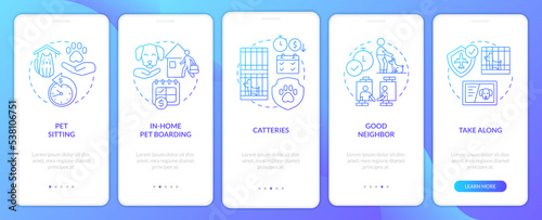 Pet boarding onboarding blue gradient mobile app screen. Animal travel care walkthrough 5 steps graphic instructions with linear concepts. UI, UX, GUI template. Myriad Pro-Bold, Regular fonts used