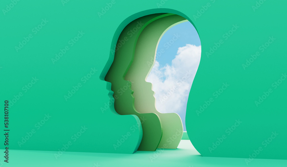 Bright sunny sky seen through a side profile hole in a wall. 3D Rendering - obrazy, fototapety, plakaty 