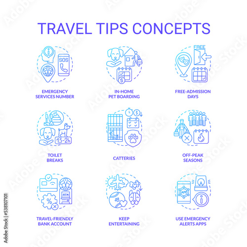 Travel tips blue gradient concept icons set. Trip abroad advices. Moving with pets idea thin line color illustrations. Isolated symbols. Editable stroke. Roboto-Medium, Myriad Pro-Bold font used