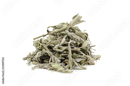 Dry green sage leaves medicinal herb isolated on white background. (salvia officinalis)