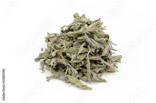 Dried sage leaves isolated on white background. (salvia officinalis)