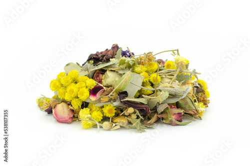 Dried mix herbal tea isolated on white background.