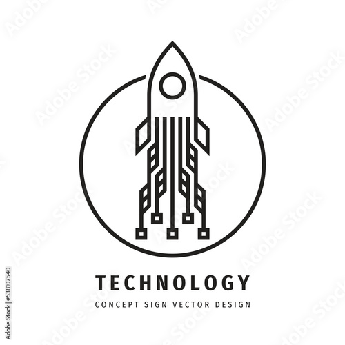 Spaceship rocket technology concept logo design. Speed transport logo symbol. Modern logistic delivery logo sign. Network communication. Vector illustration. 