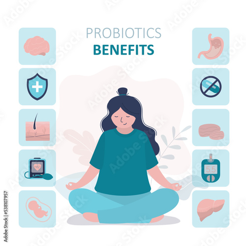 Girl takes probiotics to improve health. Infographic on benefits of probiotics
