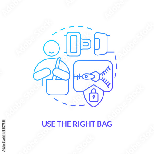 Use appropriate bag blue gradient concept icon. Protect from robbery. Prevent grabbing. Trip safety tip abstract idea thin line illustration. Isolated outline drawing. Myriad Pro-Bold font used