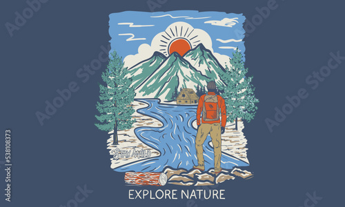 Mountain hiking vector graphic design. Camping artwork for t shirt, apparel, sticker, batch, background, poster and others.