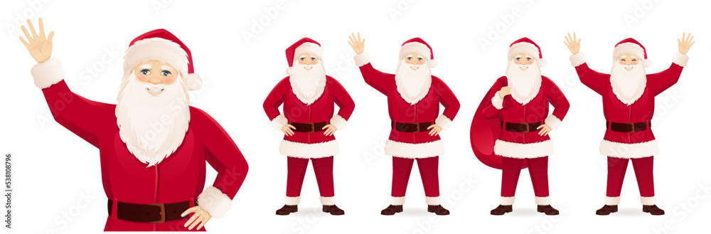 Cartoon Santa Claus character set in different poses. Standing, waving, greeting, holding bag with presents. Vector Christmas illustration isolated on white background. Cartoon Santa Claus character set in different poses. Standing, waving, greeting, holding bag with presents. Vector Christmas illustration isolated on white background.