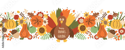 Thanksgiving day horizontal seamless border with turkey, Harvest Pumpkin, autumn leaves sunflower Fall floral endless banner vector illustration. Happy Thanksgiving day decorative repeated border
