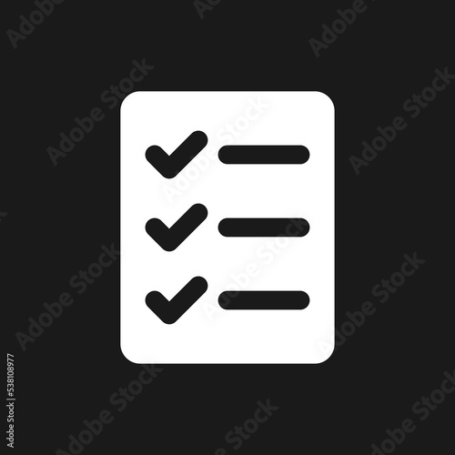 Checklist of completed tasks pixel dark mode glyph ui icon. Planner. User interface design. White silhouette symbol on black space. Solid pictogram for web, mobile. Vector isolated illustration