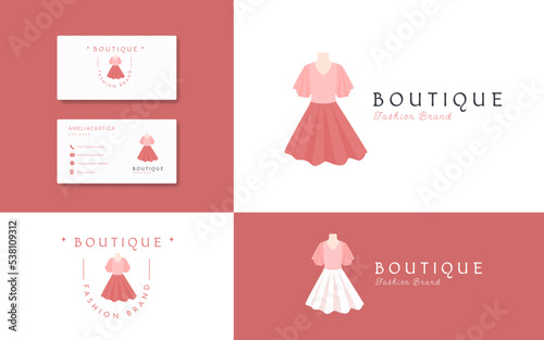 Pink dress boutique logo. fashion and lifestyle boutique brand symbol identity with business card design
