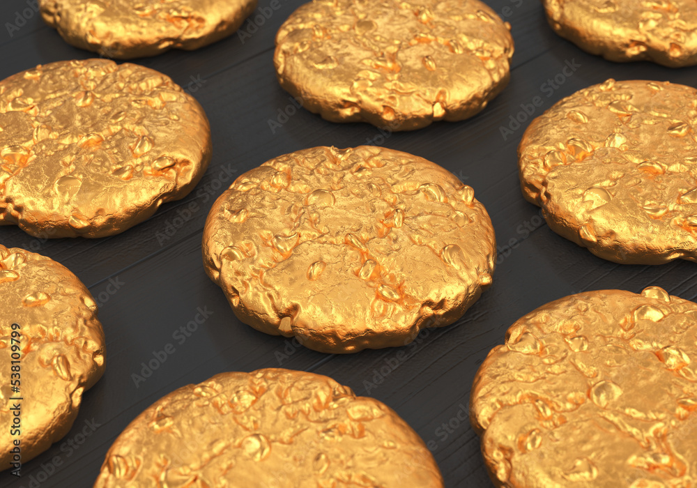 Golden cookies with chocolate chips on a wooden table, 3d render