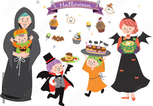 ハロウィンパーティの準備をする仮装をした家族