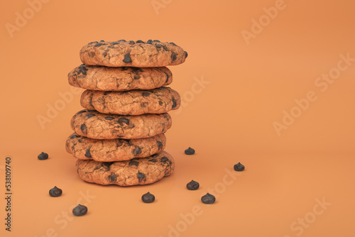 A stack of cookies with chocolate chips on a brown background, 3d render