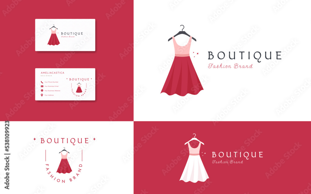 Pink dress boutique logo. fashion and lifestyle boutique brand symbol identity with business card design Pink dress boutique logo. fashion and lifestyle boutique brand symbol identity with business card design