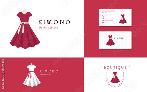 Pink dress kimono boutique logo. fashion and lifestyle boutique brand symbol identity with business card design