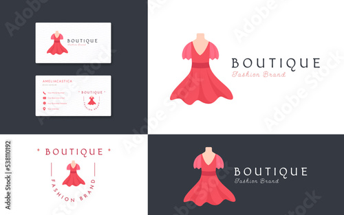Pink dress boutique logo. fashion and lifestyle boutique brand symbol identity with business card design