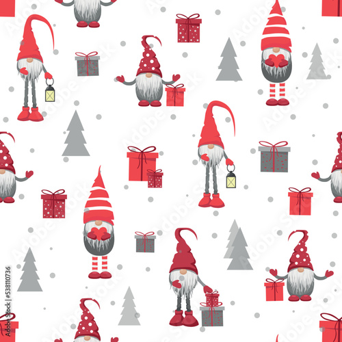 Merry Christmas seamless pattern in traditional colors with vector hand drawn christmas gnomes illustration.