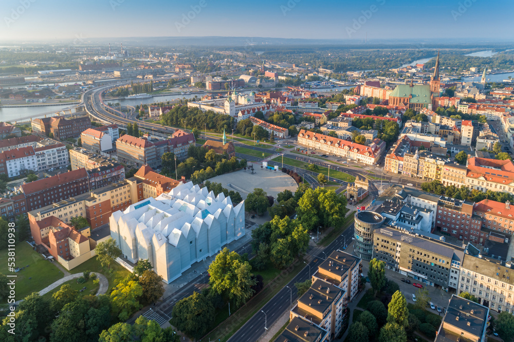 Szczecin city panorama aerial image at sunrise.