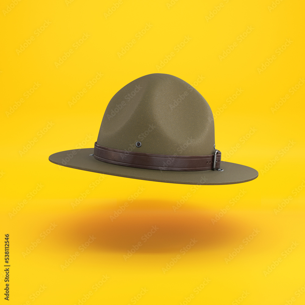 Scout hat, ranger hat, green campaign hat floating on a yellow background, 3d render Scout hat, ranger hat, green campaign hat floating on a yellow background, 3d render