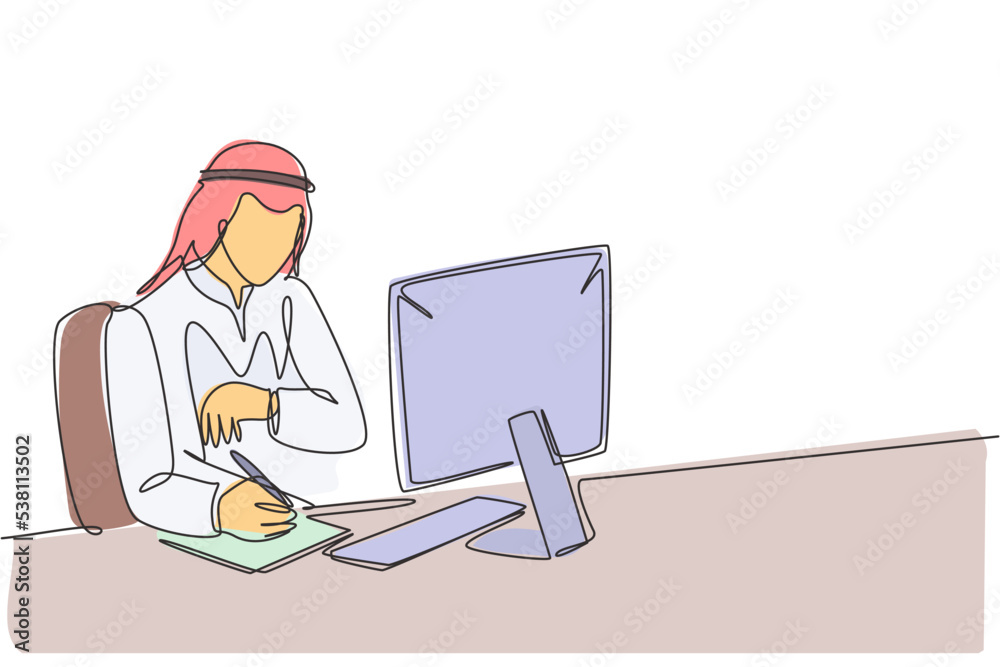 One continuous line drawing of young male muslim businessman watching to his wristwatch while finish his works. Islamic clothing shemag, kandura, keffiyeh. Single line draw design vector illustration One continuous line drawing of young male muslim businessman watching to his wristwatch while finish his works. Islamic clothing shemag, kandura, keffiyeh. Single line draw design vector illustration
