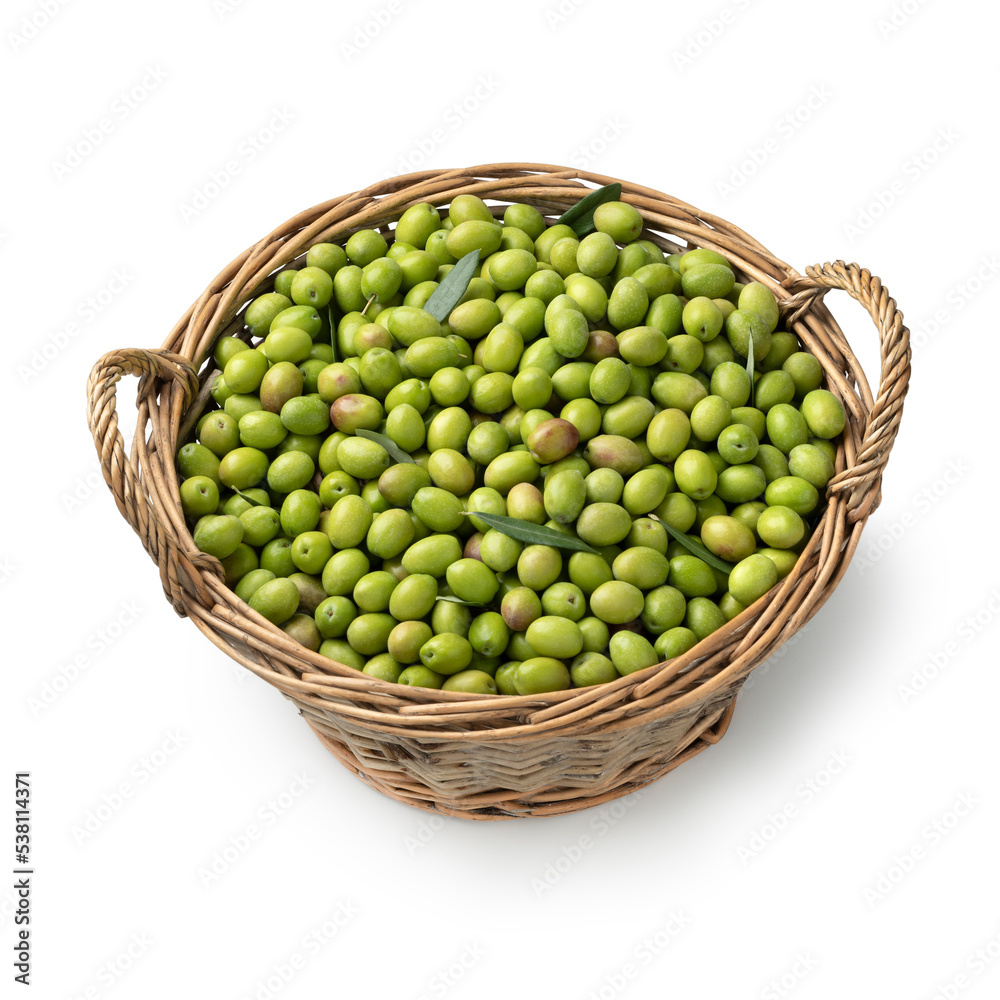 Fresh raw green olives in a basket isolated on white background