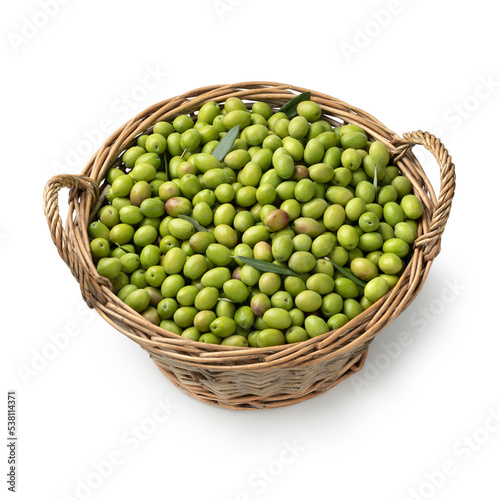 Fresh raw green olives in a basket isolated on white background