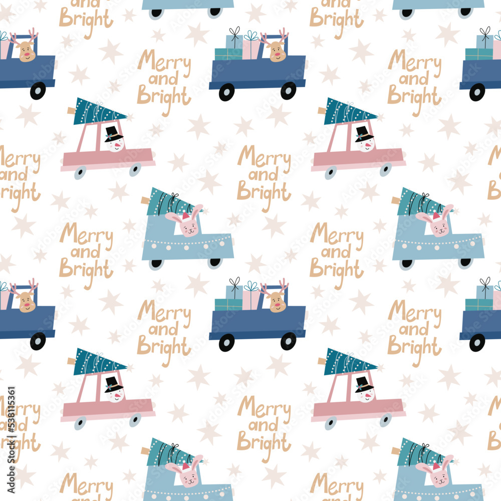 Obraz premium Holiday seamless pattern with Christmas characters in cars ransporting presents and Christmas trees. Winter design for scrapbooking, wrapping paper, fabric, textile.