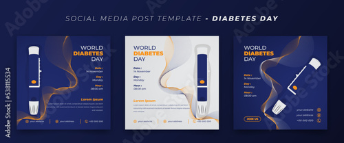 Social media post template with glucose meter for world diabetes day in purple and white background photo