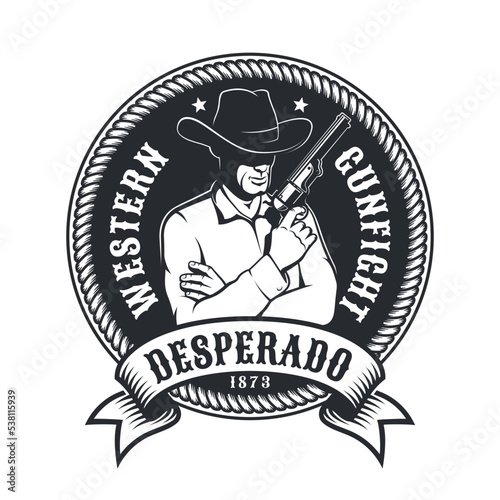 Western vintage emblem - Cowboy with pistol. Wild west retro logo with gunfighter.