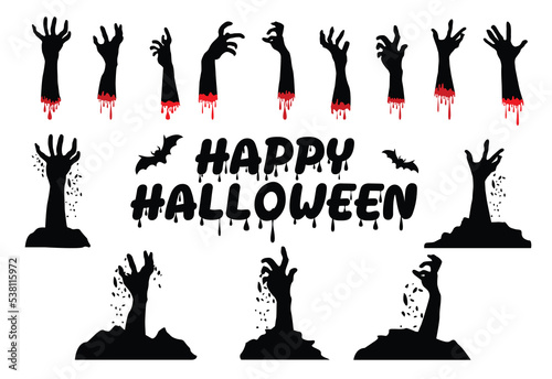Happy Halloween , Text and Bats,Zombie hands , halloween theme , Vector illustration.