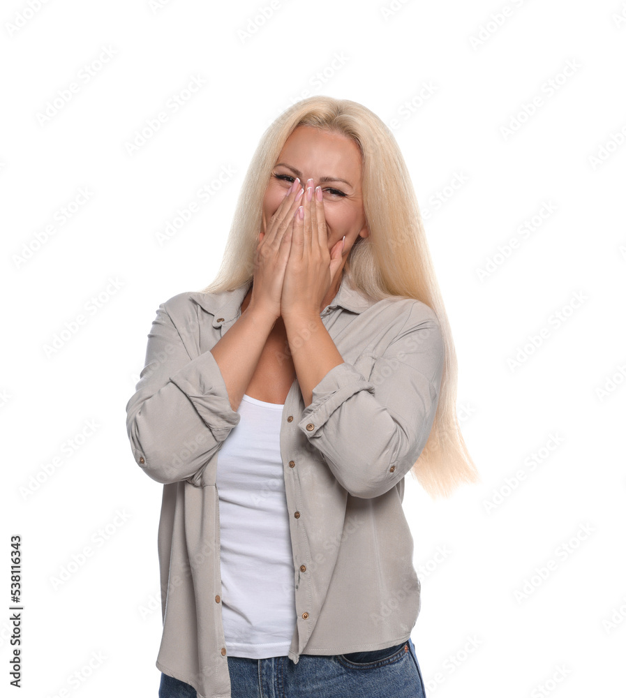 Embarrassed woman covering mouth with hands on white background Embarrassed woman covering mouth with hands on white background