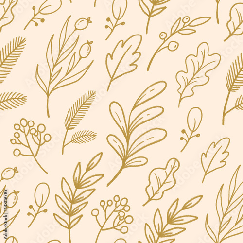 Textured seamless pattern with golden elegant forest plants and berries on nude background