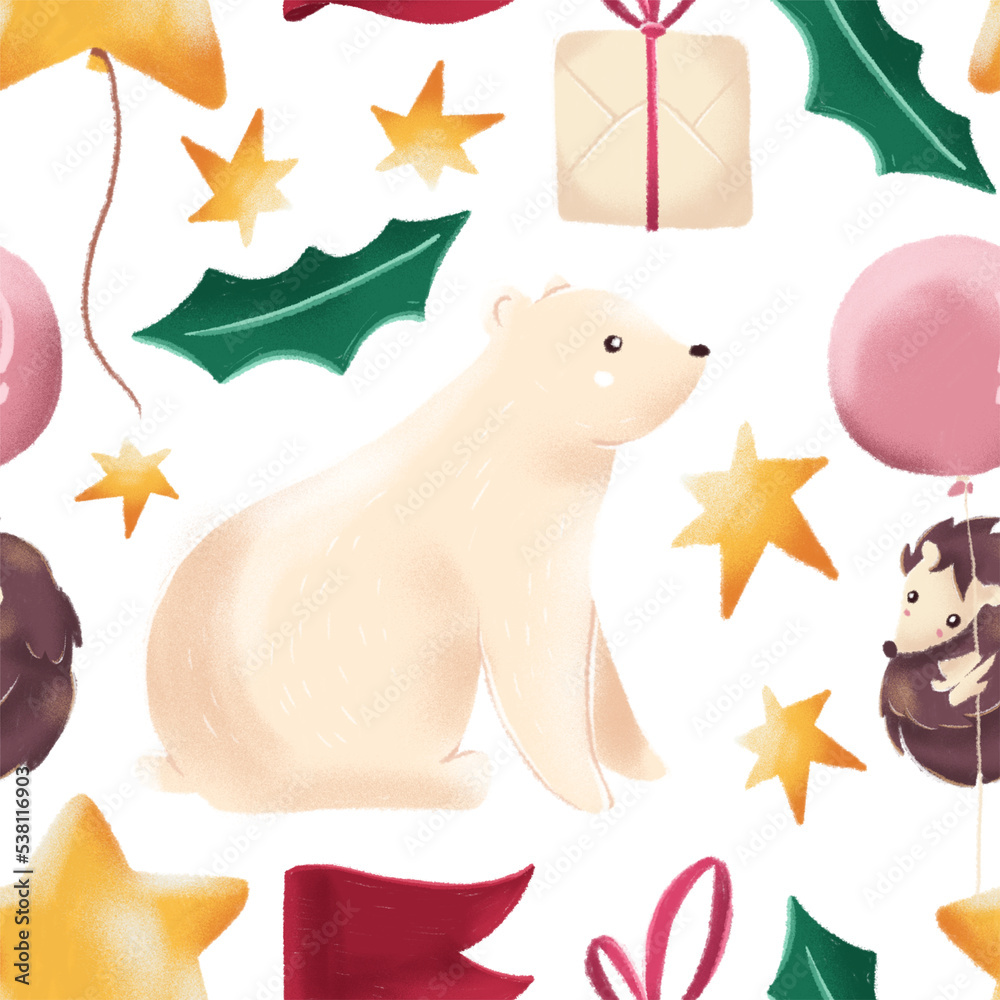 Textured seamless pattern with celebration mood and winter animals and plants. Gifts, balloons stars, polar bear and hendgehog. Textured seamless pattern with celebration mood and winter animals and plants. Gifts, balloons stars, polar bear and hendgehog.