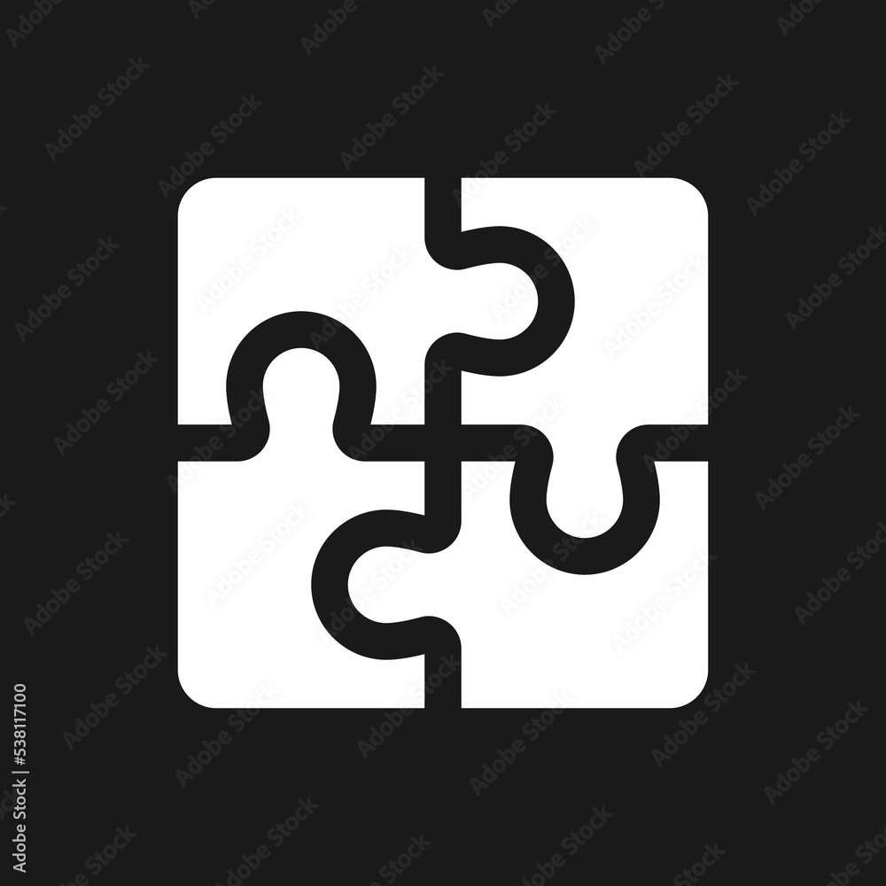 Puzzle dark mode glyph ui icon. Team cooperation. Idea and solution. User interface design. White silhouette symbol on black space. Solid pictogram for web, mobile. Vector isolated illustration Puzzle dark mode glyph ui icon. Team cooperation. Idea and solution. User interface design. White silhouette symbol on black space. Solid pictogram for web, mobile. Vector isolated illustration