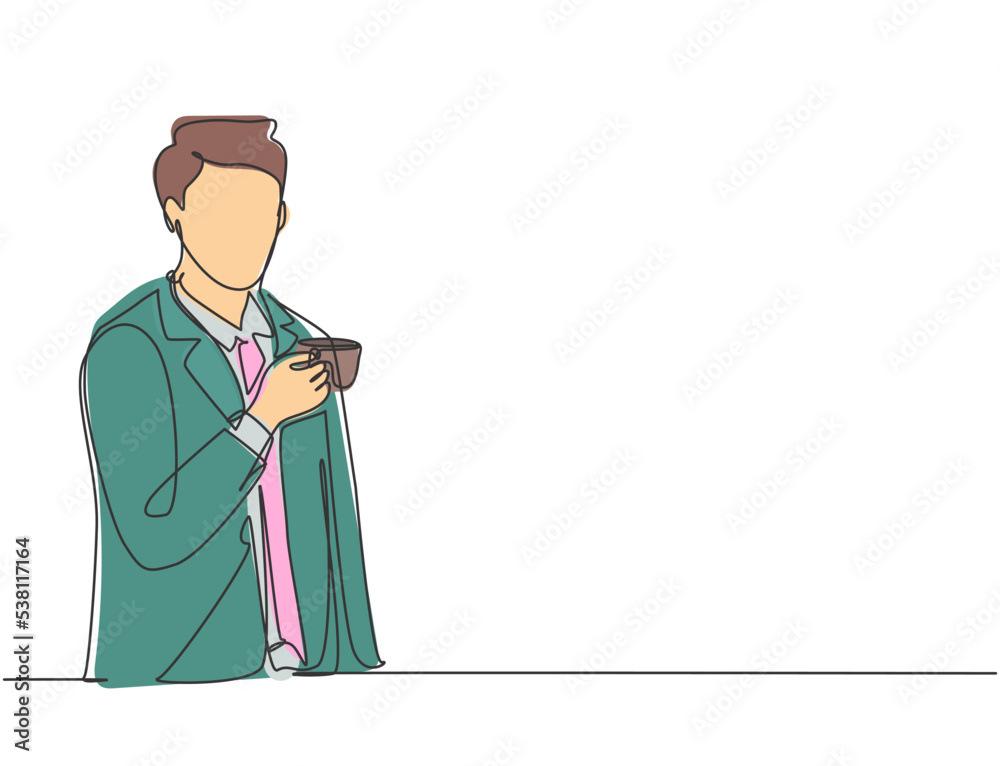 One continuous line drawing of young happy businessman standing while holding a cup of good taste hot black dark coffee at office break. Drinking tea concept graphic design vector illustration One continuous line drawing of young happy businessman standing while holding a cup of good taste hot black dark coffee at office break. Drinking tea concept graphic design vector illustration