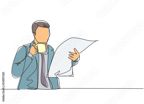 One continuous line drawing of young happy business man holding coffee mug while reading tabloid headline news at hotel lobby. Drinking tea concept single line sign draw design vector illustration