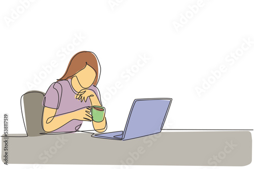 One single line drawing of young female employee staring at laptop and thinking for business innovation ideas. Drinking coffee or tea concept continuous line draw vector design graphic illustration