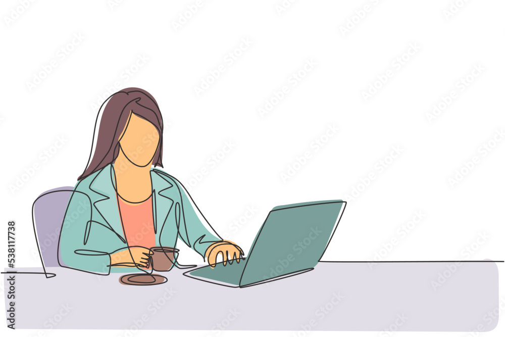 Single continuous line drawing of young businesswoman typing business ideas draft on laptop while holding a cup coffee at office. Drinking tea concept one line draw graphic vector design illustration Single continuous line drawing of young businesswoman typing business ideas draft on laptop while holding a cup coffee at office. Drinking tea concept one line draw graphic vector design illustration