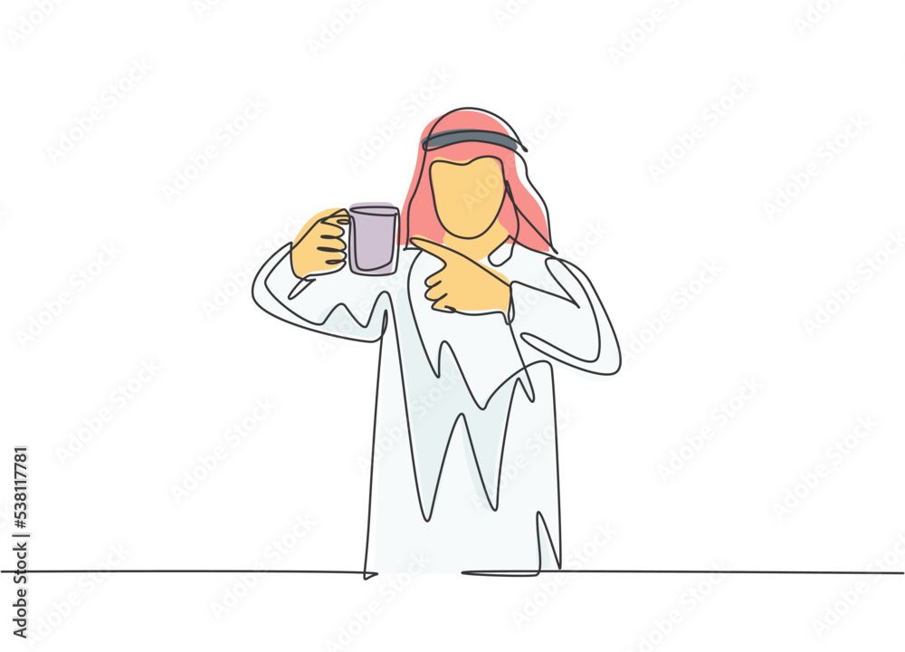 Single continuous line drawing of young muslim office worker pointing finger to mug of coffee. Arab middle east male cloth shmagh, kandura, thawb, robe. One line draw design illustration Single continuous line drawing of young muslim office worker pointing finger to mug of coffee. Arab middle east male cloth shmagh, kandura, thawb, robe. One line draw design illustration