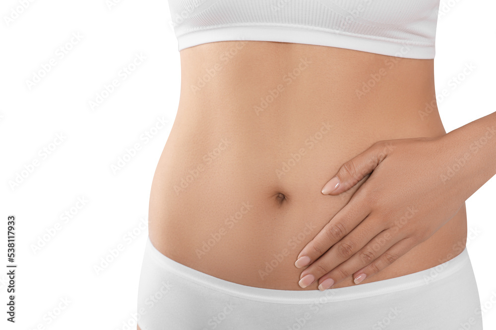 Woman in underwear touching her belly on light background, closeup. Healthy stomach