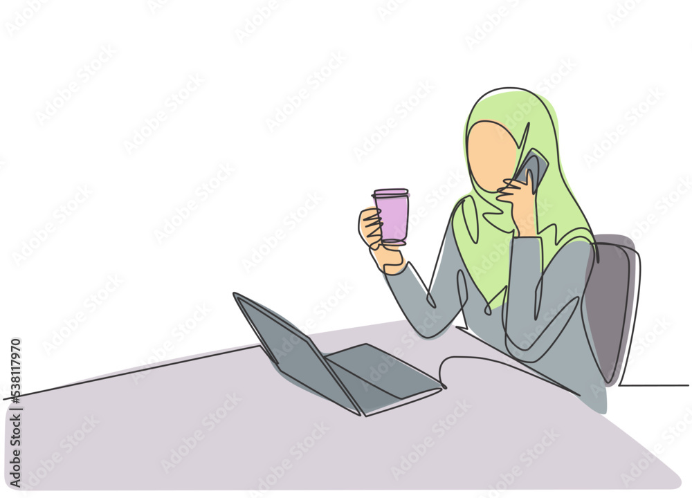 Single continuous line drawing of young muslimah office worker talking with her partner on the phone. Arab middle east female cloth hijab and veil. One line draw design illustration