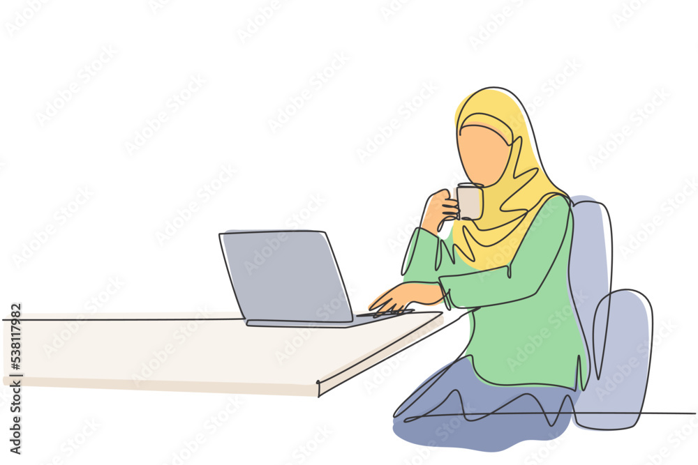 One continuous line drawing of young muslimah businesswomen reading business presentation on laptop screen. Saudi Arabian female with hijab and veil concept. Single line draw design illustration One continuous line drawing of young muslimah businesswomen reading business presentation on laptop screen. Saudi Arabian female with hijab and veil concept. Single line draw design illustration