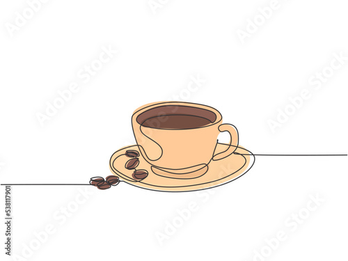 Single continuous line drawing of a cup of coffee drink with coffee beans on ceramic coaster and table. Coffee drink concept display for coffee shop. One line draw design illustration
