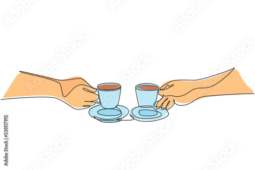 One single line drawing of young male and female couple enjoying a cup of coffee together at coffee shop. Romantic date drinking coffee concept continuous line draw design illustration